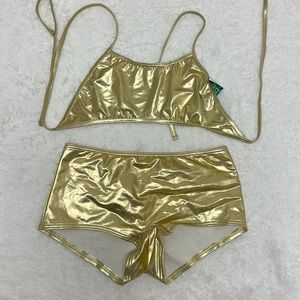 Benetton Italy Gold Shiny Bikini w/ boyshorts. Disco on the beach! Size Medium